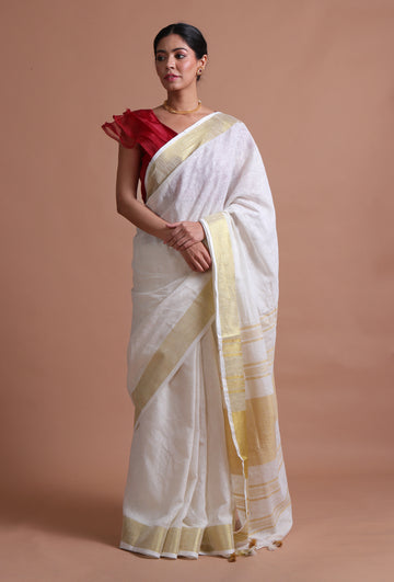 White Color Cotton Linen Saree With Unstitched Blouse